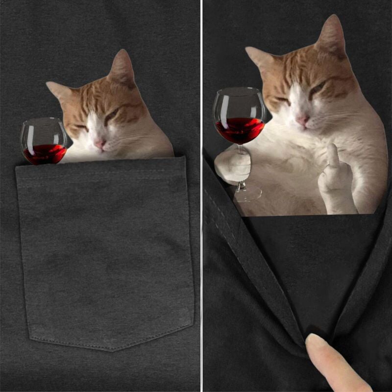 Cheeky Cat Wine Pocket T-Shirt - Super Kitty Cats - CCWinepockettshirt-S