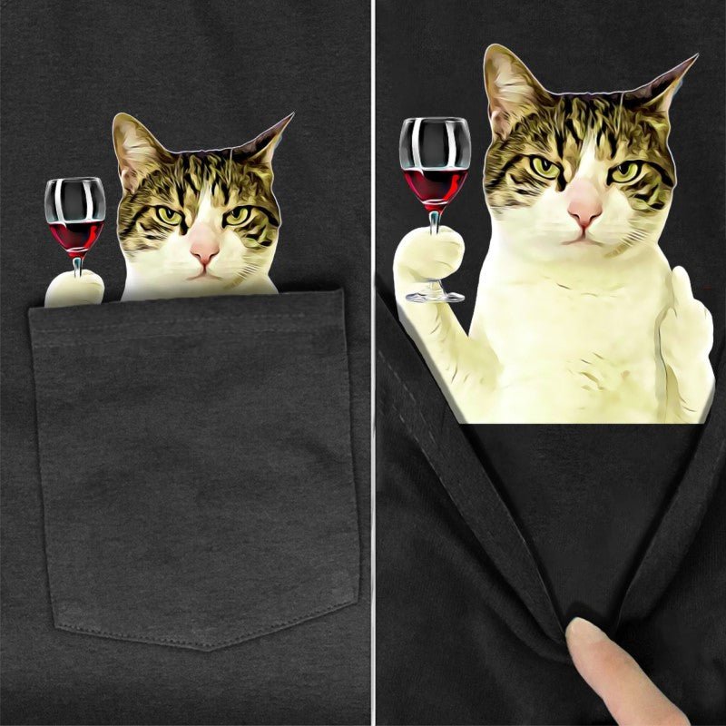 Cheers Tabby Cat Wine Pocket T-Shirt - Super Kitty Cats - CheersTpockettshirt-S