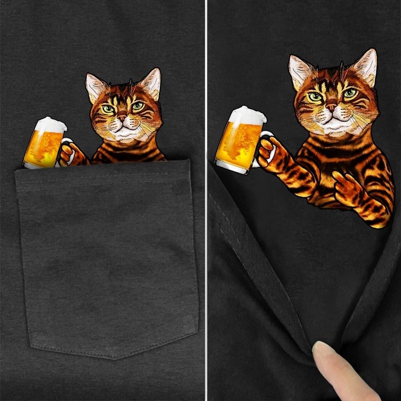 Chill Beer Cat Pocket T-shirt - Super Kitty Cats - ChilledCatBeer-S