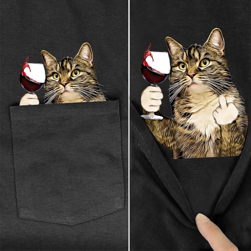 Classy Cat Wine Pocket T-shirt - Super Kitty Cats - classy-wine-s