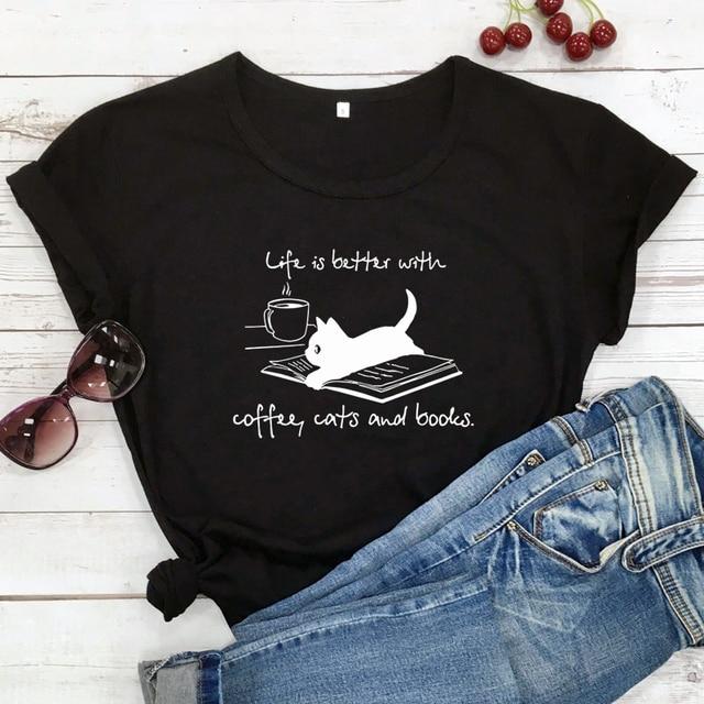 Coffee Cats and Books T-shirt - Super Kitty Cats - 39254971-black-white-text-xxl