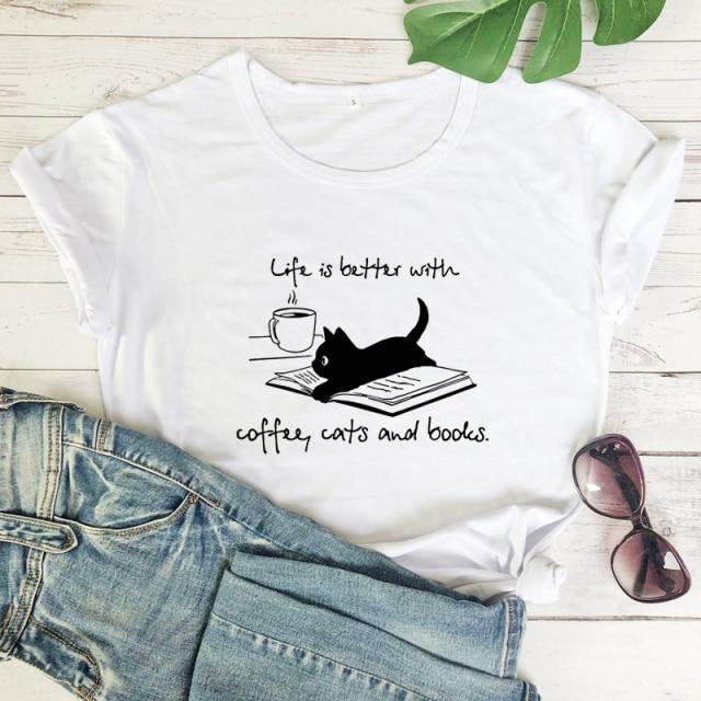 Coffee Cats and Books T-shirt - Super Kitty Cats - 39254971-white-black-text-m