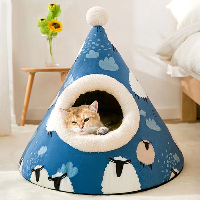 Cone-shaped Cat Bed - Super Kitty Cats - 12000026808203088-Blue Sheep-S