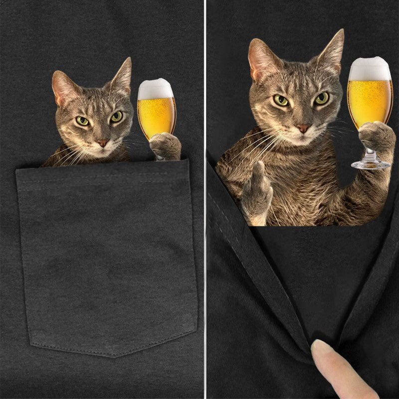 Cool Cat Beer Pocket T-Shirt - Super Kitty Cats - CoolCatBeerpockettshirt-S