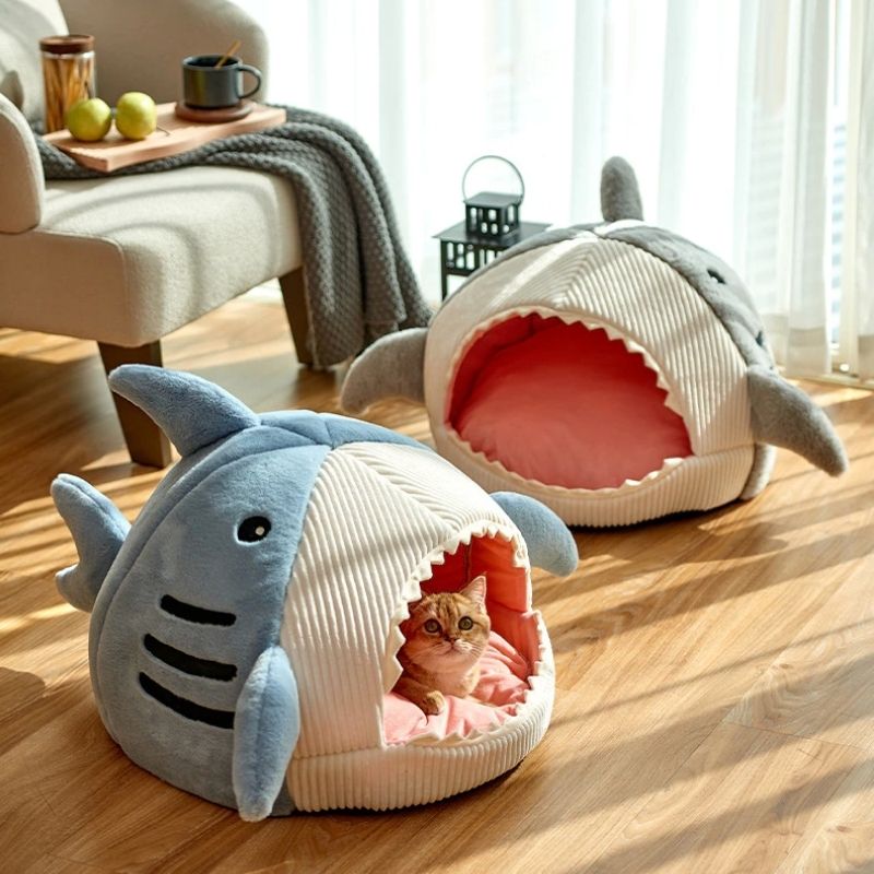 Cute Shark Cat Cave Bed - Super Kitty Cats - 12000026456643492-Blue-S (38X35X32cm)