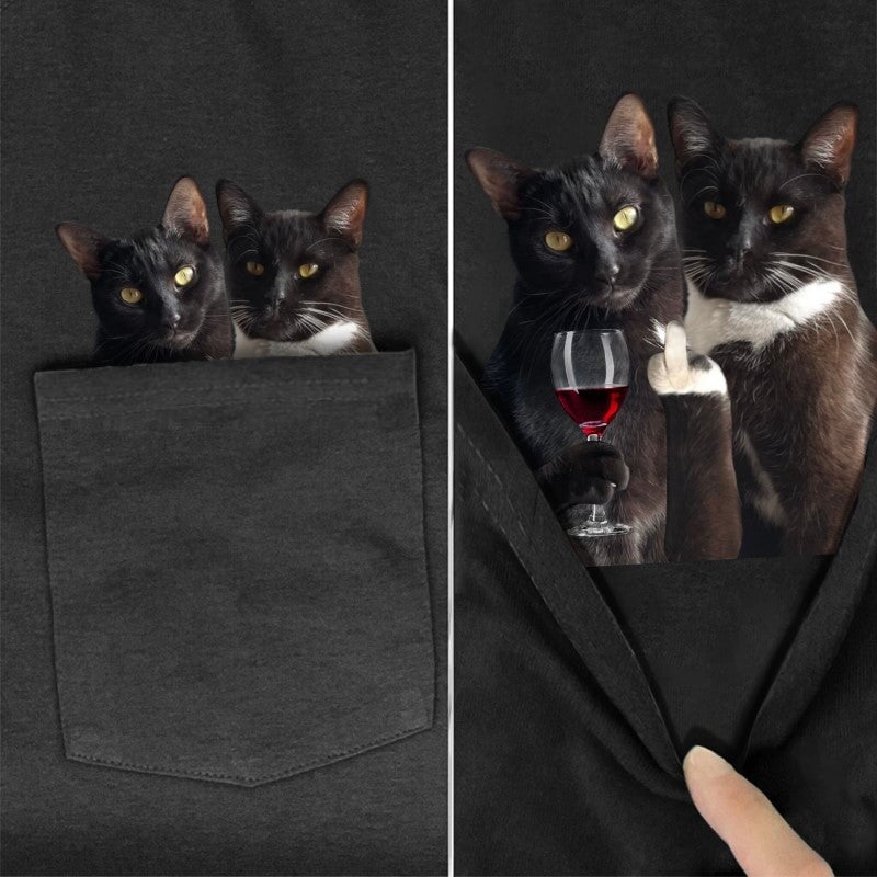 Double Cats Wine Pocket T-shirt - Super Kitty Cats - DCW-US-S