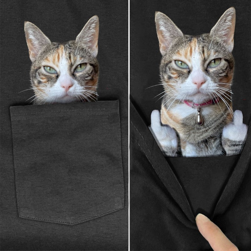 Double-Finger Cat Pocket T-Shirt - Super Kitty Cats - DFCpockettshirt-S