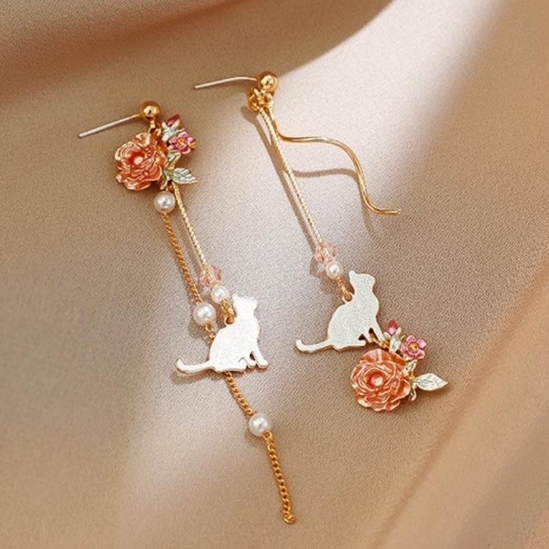 Elegant Flower Cat Earrings - Super Kitty Cats - 45762223-ed1468-champagne