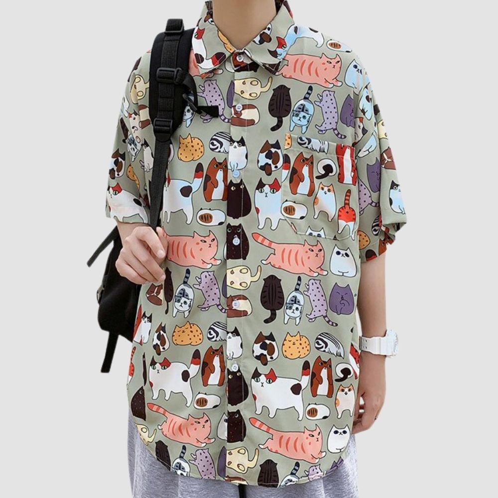 Fun Cat Pattern Hawaiian Shirt - Super Kitty Cats - 1005002394085600-Green-Asian size M