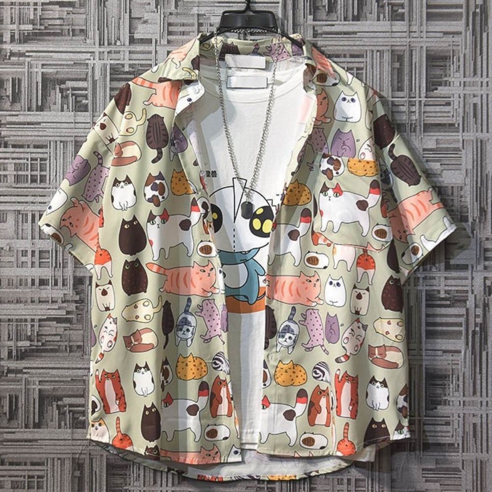 Fun Cat Pattern Hawaiian Shirt - Super Kitty Cats - 1005002394085600-Green-Asian size M