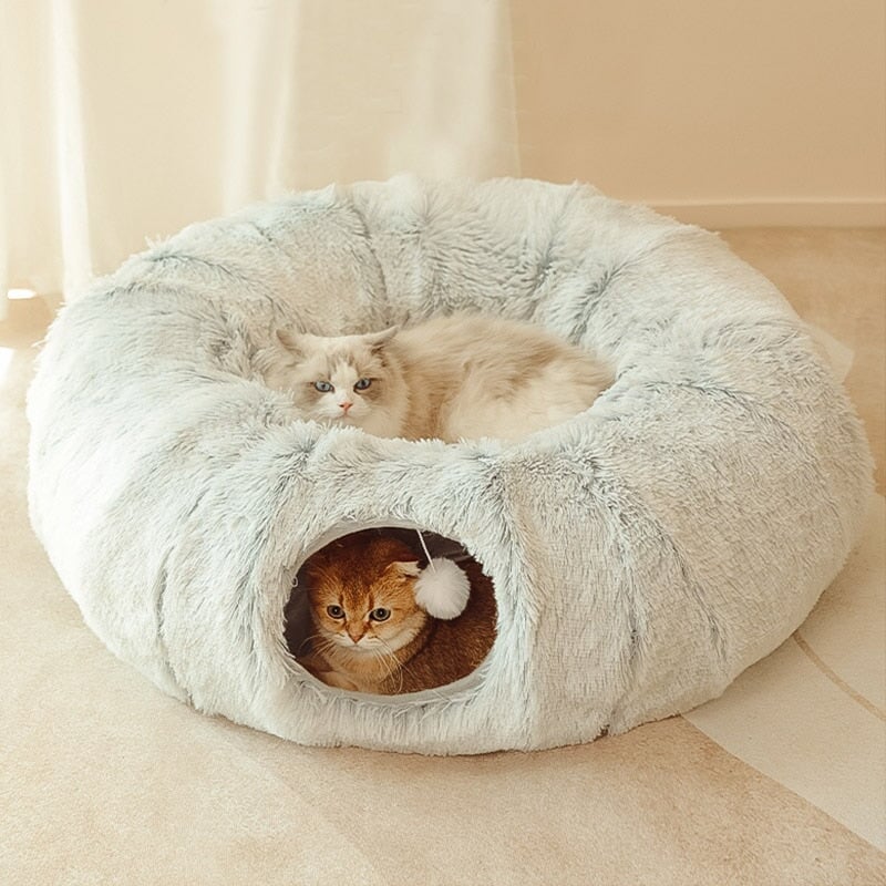 Fuzzy Cat Bed and Tunnel - Super Kitty Cats - 1005005020674326-95cm diameter-Grey-China