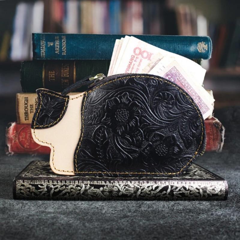 Genuine Leather Cat Coin Purse - Super Kitty Cats - 48899275-black