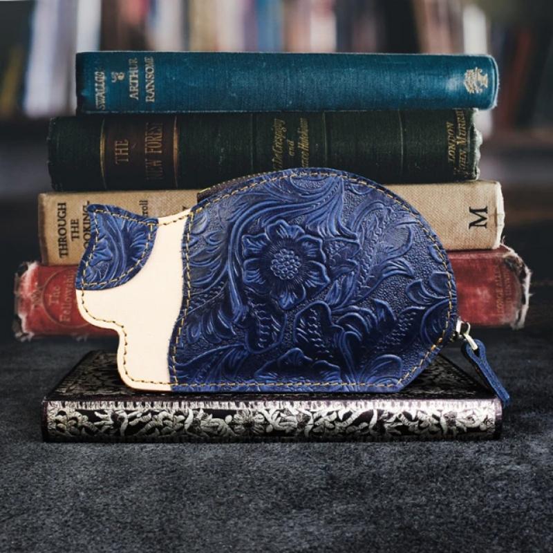 Genuine Leather Cat Coin Purse - Super Kitty Cats - 48899275-blue