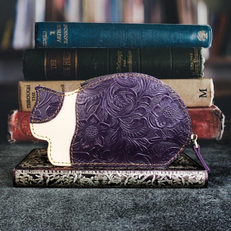 Genuine Leather Cat Coin Purse - Super Kitty Cats - 48899275-purple