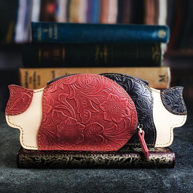 Genuine Leather Cat Coin Purse - Super Kitty Cats - 48899275-red