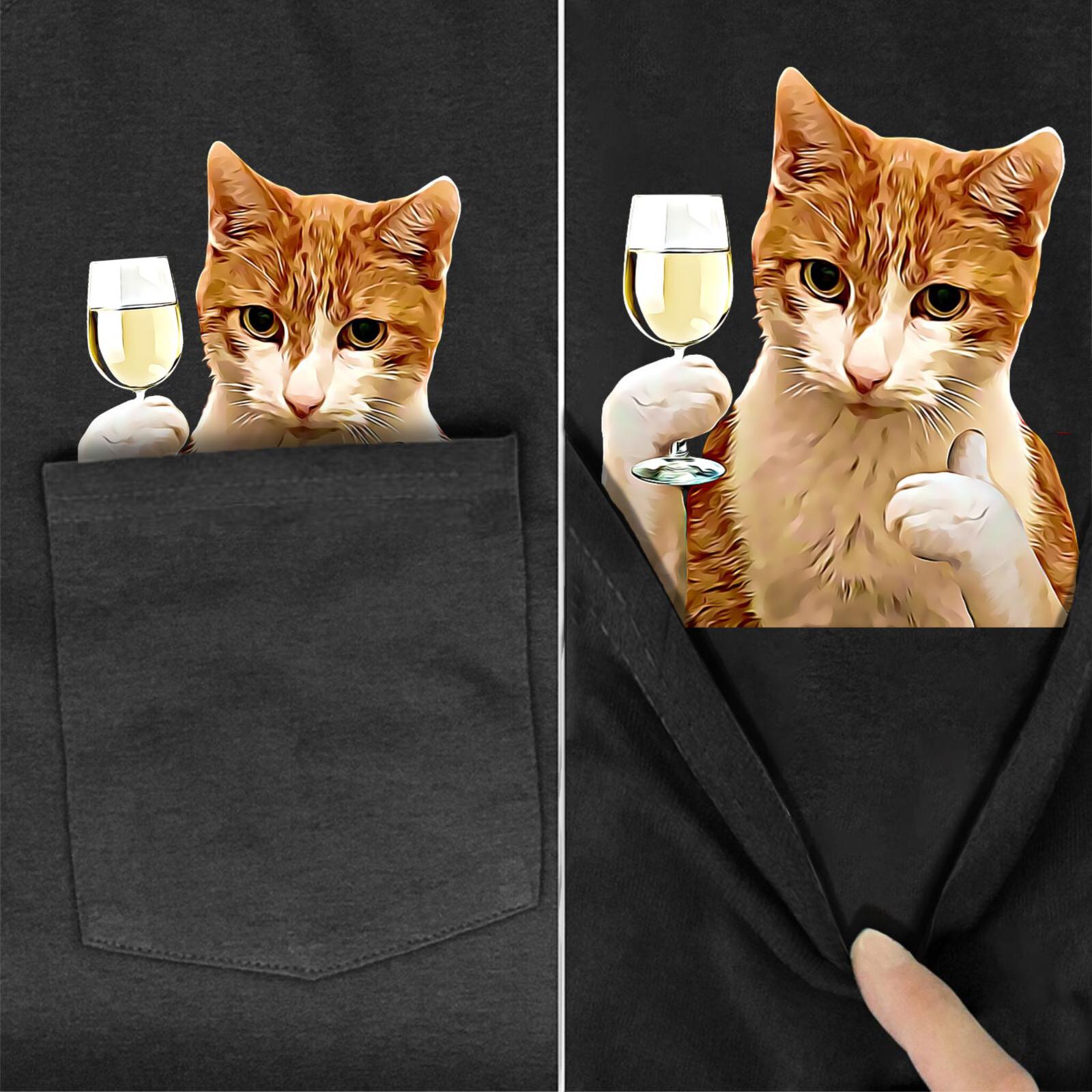 Ginger White Cat Wine Pocket T-Shirt - Super Kitty Cats - Gingerwhite-wine-s