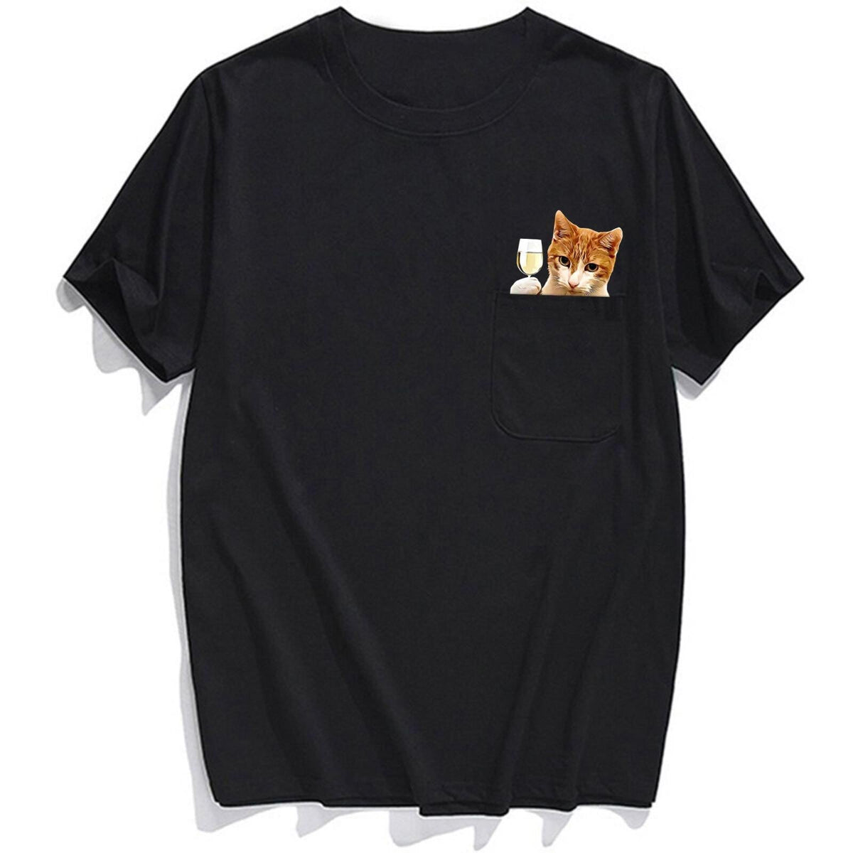 Ginger White Cat Wine Pocket T-Shirt - Super Kitty Cats - Gingerwhite-wine-s