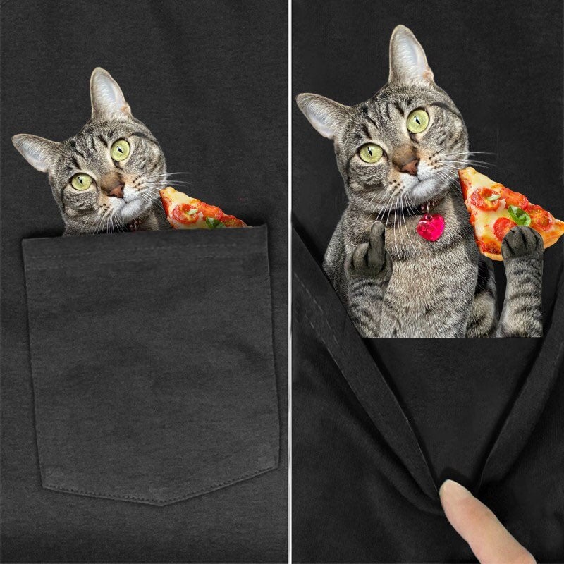 Grey Tabby Pizza Pocket T-shirt - Super Kitty Cats - GtabbyCatPizzaPT-US-S