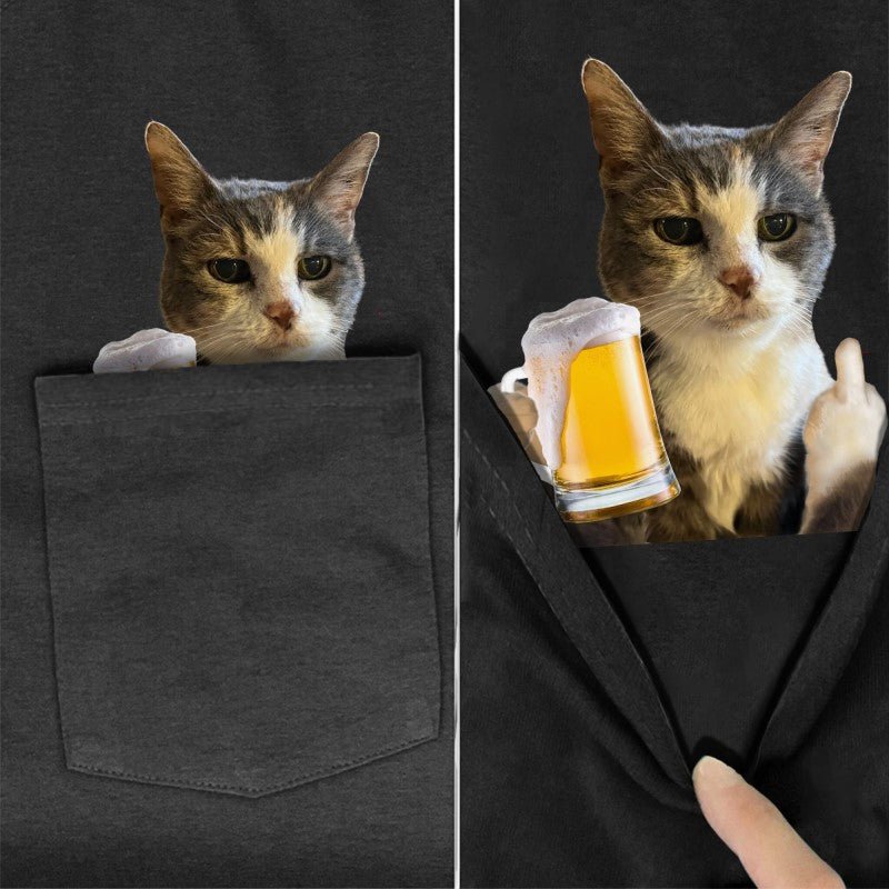 Grey-White Cat Beer Pocket T-Shirt - Super Kitty Cats - GWCbeerpockettshirt-S
