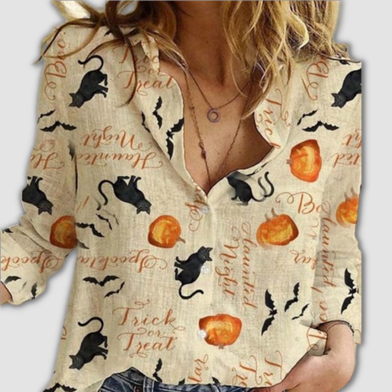 Halloween Women Cat Blouse - Super Kitty Cats - 1005003252074957-S-Khaki-China