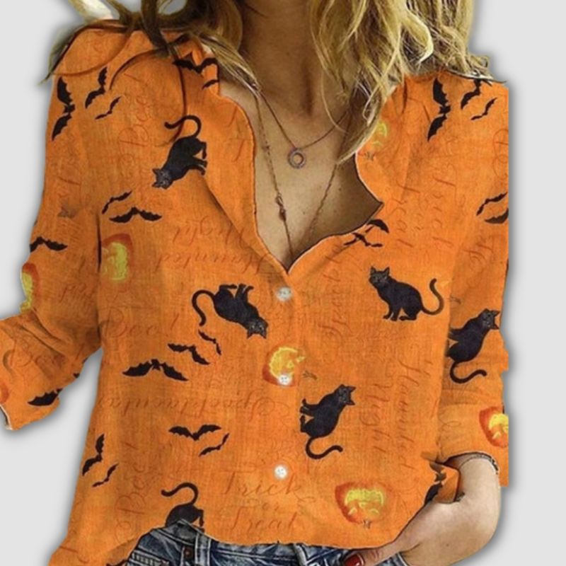 Halloween Women Cat Blouse - Super Kitty Cats - 1005003252074957-S-Orange-China