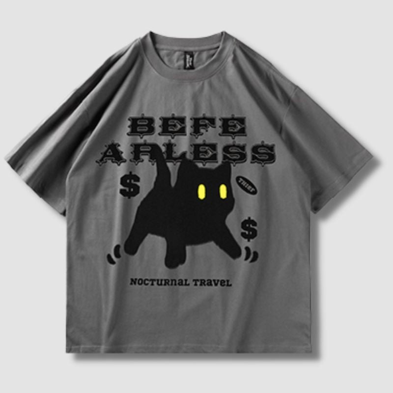 Hip-Hop Black Cat T-Shirt - Super Kitty Cats - 1005003875295115-S-A968912 Gray