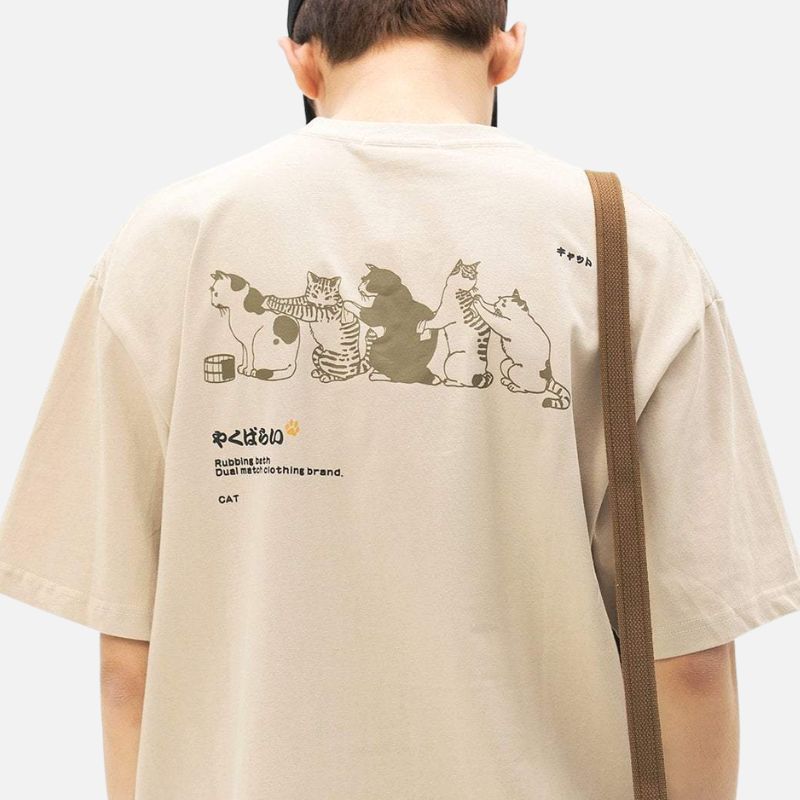 Japanese Bathing Oversized Cats T-shirt - Super Kitty Cats - 14:200001438#A71DMT29 Khaki;5:100014064