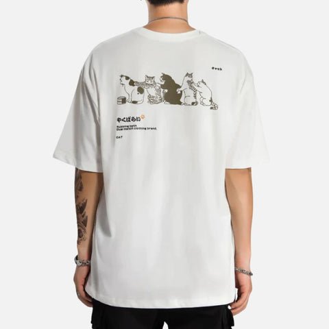 Japanese Bathing Oversized Cats T-shirt - Super Kitty Cats - 14:29#A71DMT29 White;5:100014064