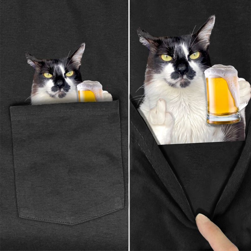 Maine Coon Cat Beer Pocket T-shirt - Super Kitty Cats - MaineCoonCatBeerPT-US-S