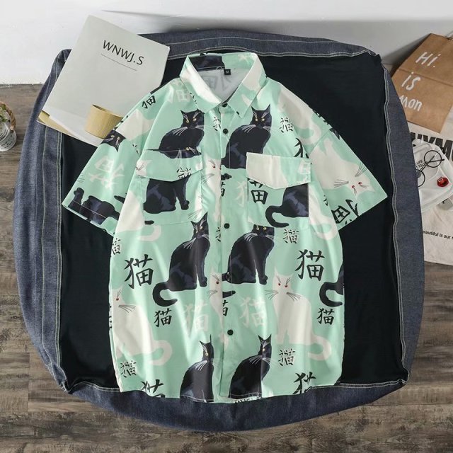 "Mao" Cat Printed Shirt - Super Kitty Cats - 41587680-green-asian-size-l