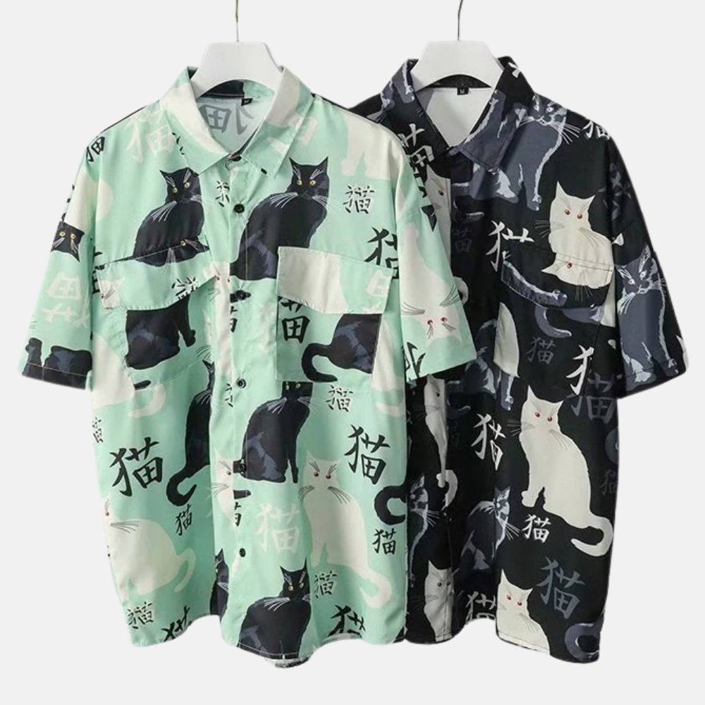 "Mao" Cat Printed Shirt - Super Kitty Cats - 41587680-green-asian-size-m