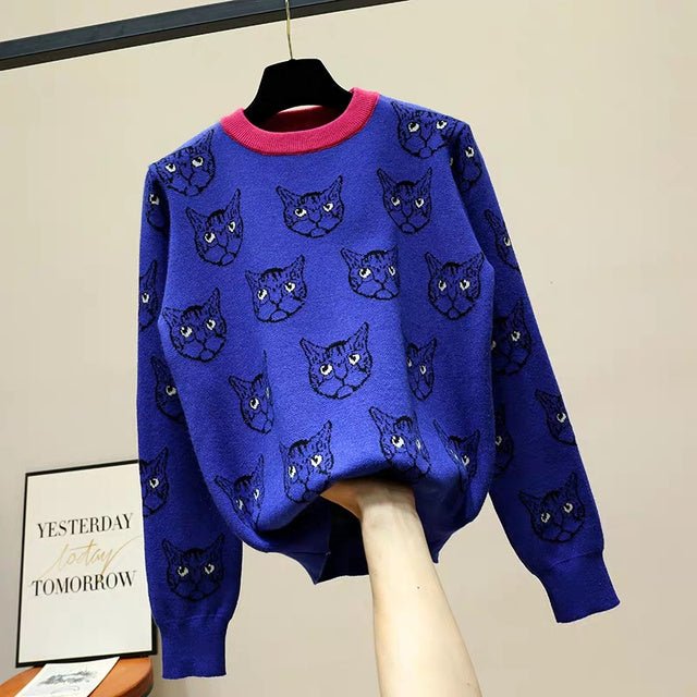 Meow Knitted Pullover - Super Kitty Cats - 51985052-blue-free-size