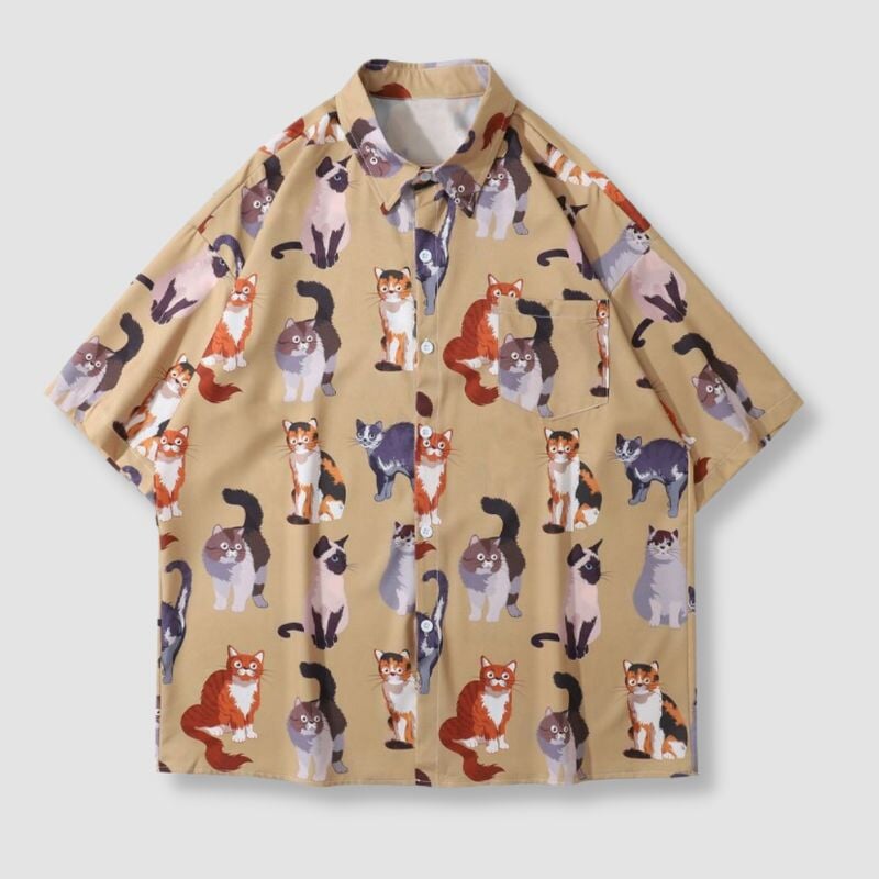 Mixed Cats Hawaiian Shirt - Super Kitty Cats - 1005002719634074-XXL-Khaki
