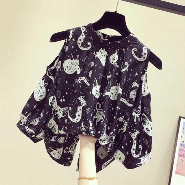 Mystical Cat Chiffon Blouse - Super Kitty Cats - 35719643-9974black-xxl
