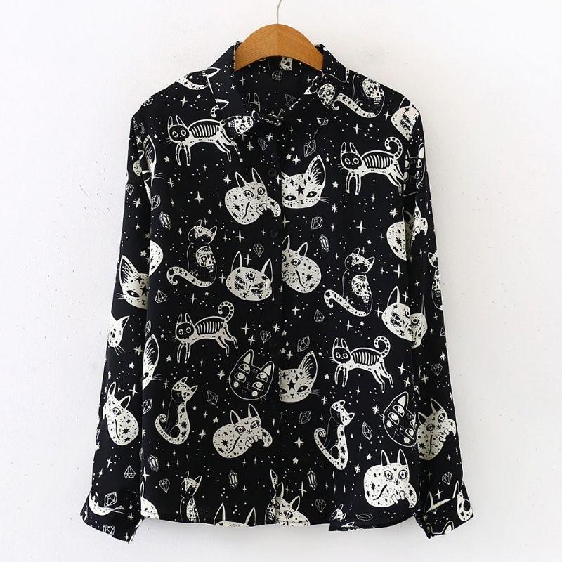 Mystical Kitty Long Sleeve Blouse - Super Kitty Cats - 36727593-l-black