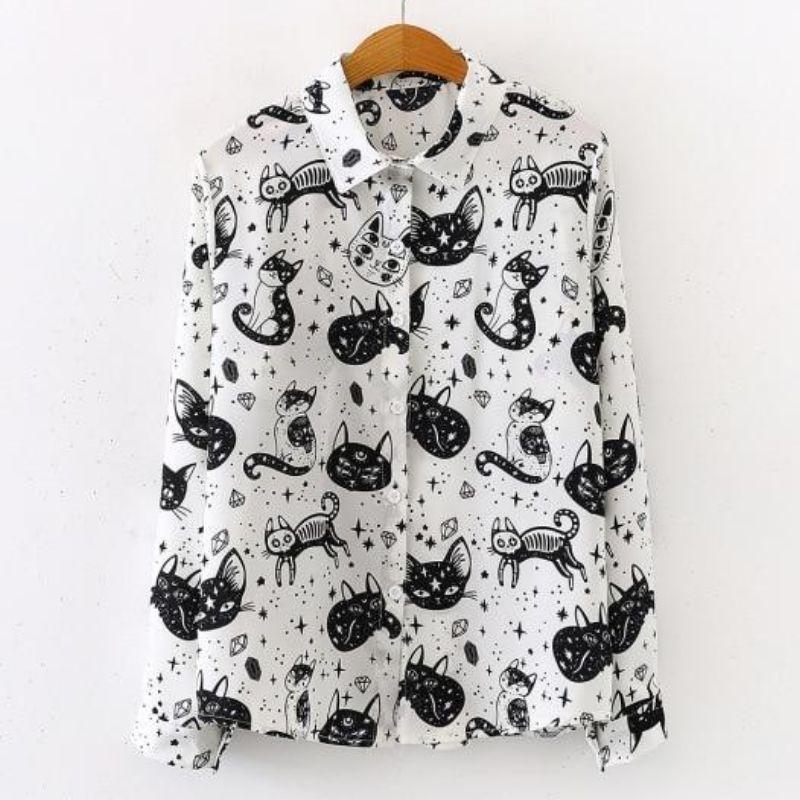 Mystical Kitty Long Sleeve Blouse - Super Kitty Cats - 36727593-s-white