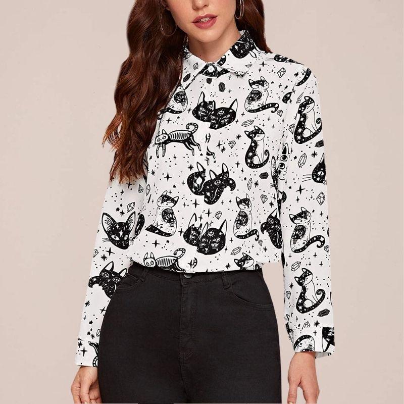 Mystical Kitty Long Sleeve Blouse - Super Kitty Cats - 36727593-s-white