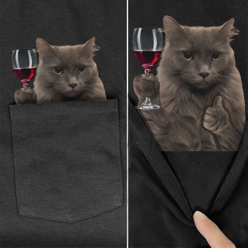 Nebelung Cat Wine Pocket T-shirt - Super Kitty Cats - NebelungCatWine-S
