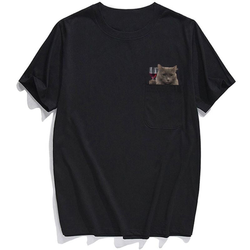 Nebelung Cat Wine Pocket T-shirt - Super Kitty Cats - NebelungCatWine-S