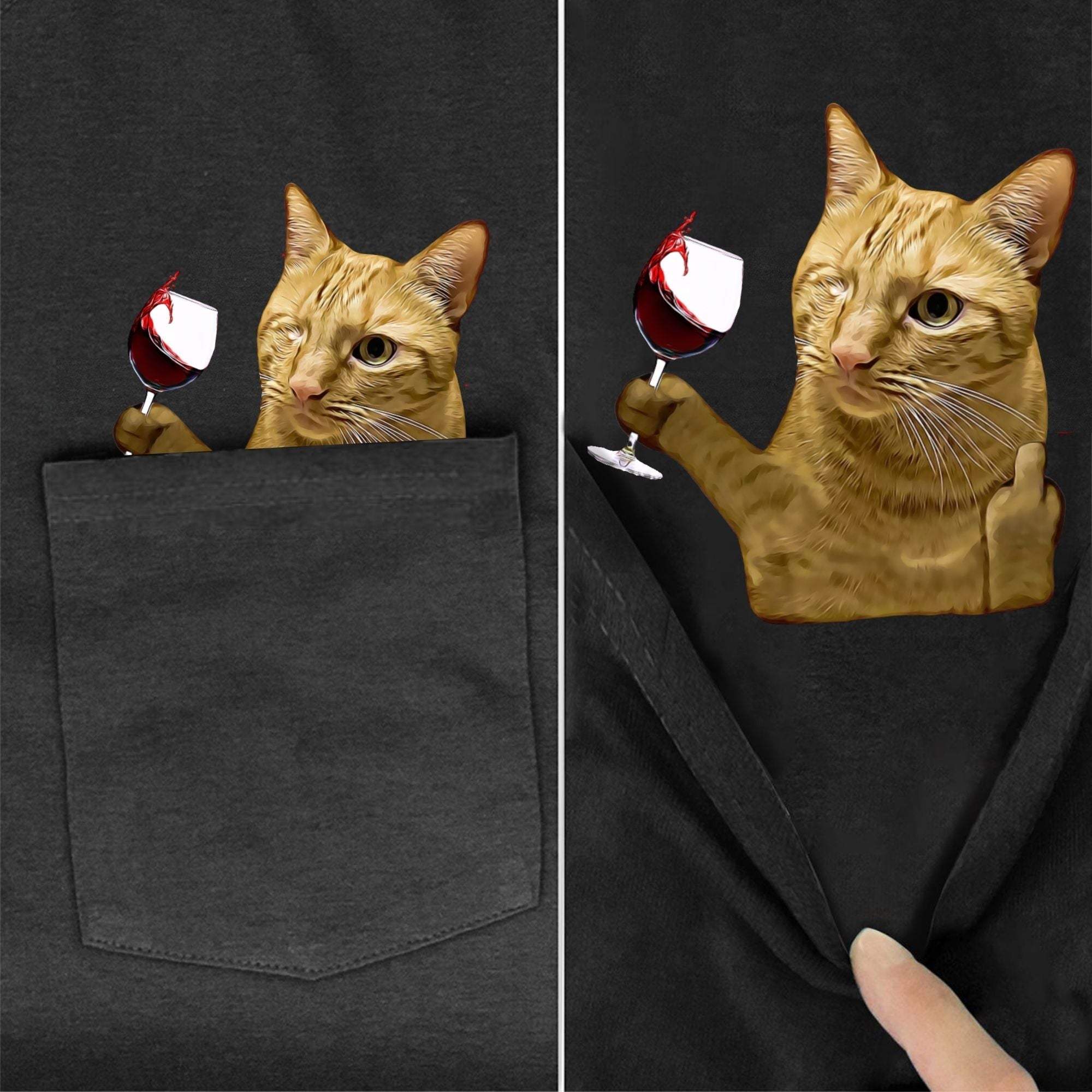 Orange Cat Wine Pocket T-shirt - Super Kitty Cats - one-eyed-cat-wine-s