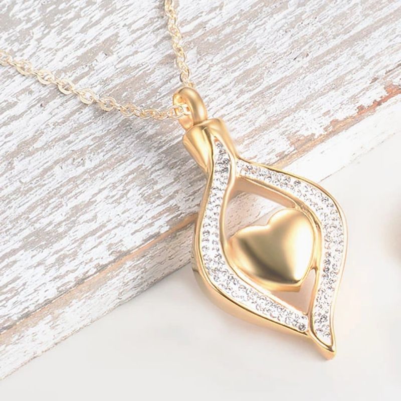 Feathered Wing Heart Gold -Stainless Steel Cremation Ashes Jewellery Urn  Pendant
