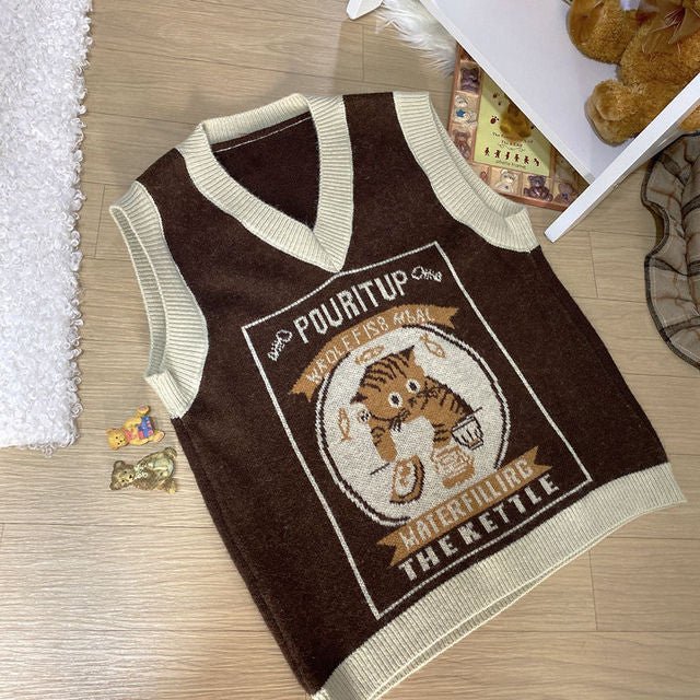 Pour-It-Up Cat Kettle Sweater Vest - Super Kitty Cats - 12000024500458282-Coffee color-L-China