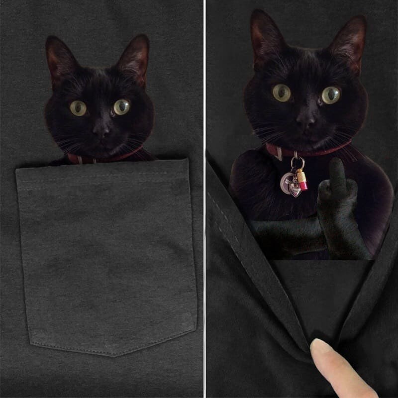 Purrfect Black Cat Pocket T-shirt - Super Kitty Cats - PurrfectBpockettee-s