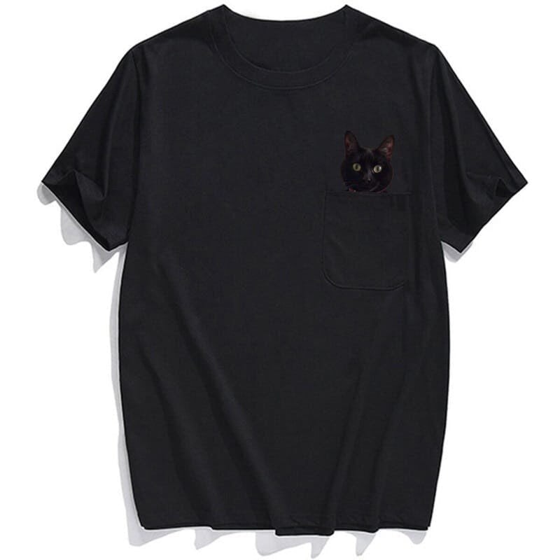 Purrfect Black Cat Pocket T-shirt - Super Kitty Cats - PurrfectBpockettee-s
