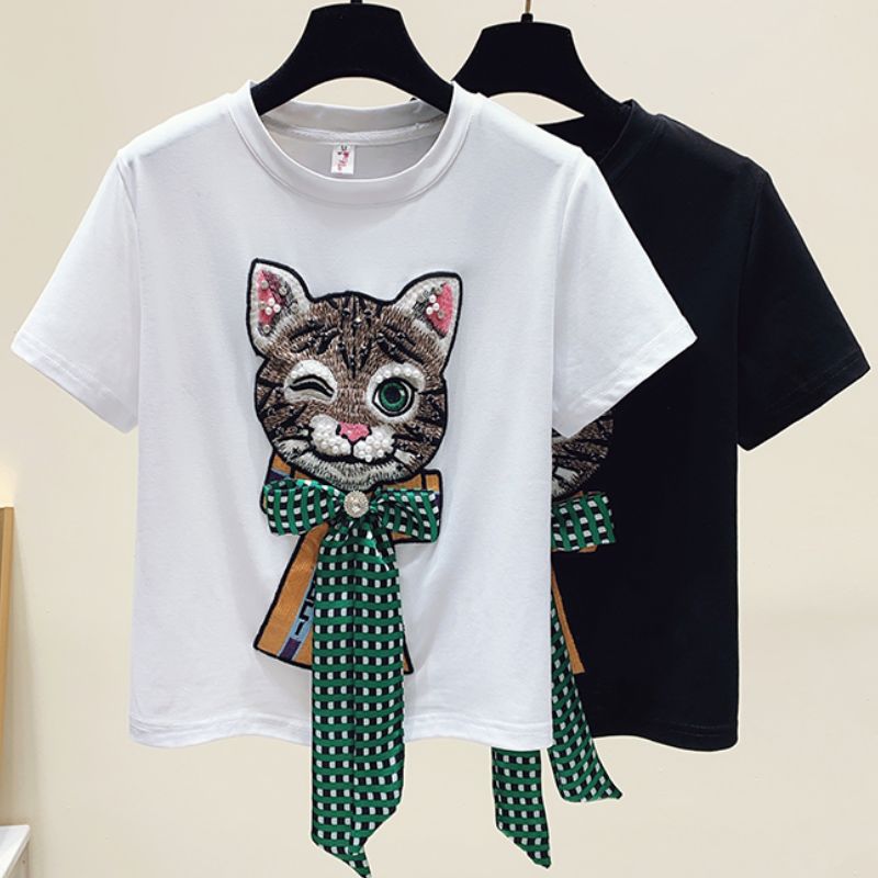 Ribbon Cat Embroidery Cropped Tee - Super Kitty Cats - 14:193;5:100014064