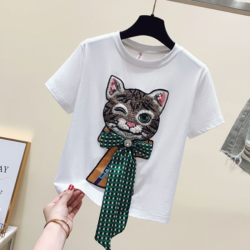 Ribbon Cat Embroidery Cropped Tee - Super Kitty Cats - 14:29;5:100014064