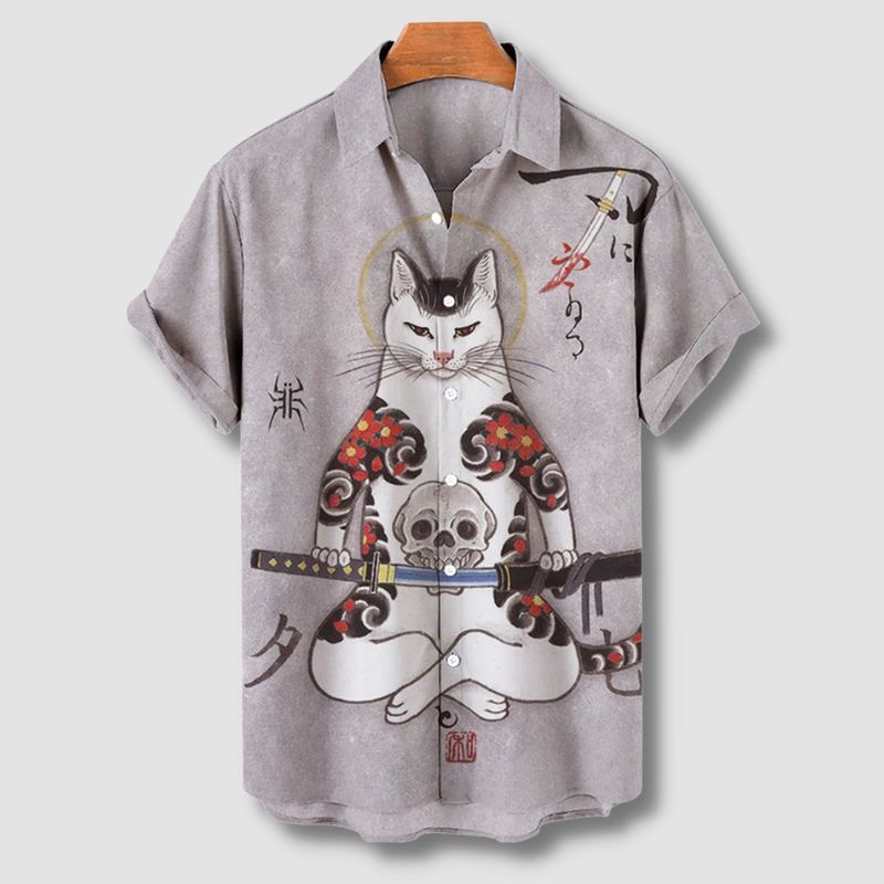 Samurai Cat Hawaiian Shirt - Super Kitty Cats - 12000028616037388-ZF-0347-European size S