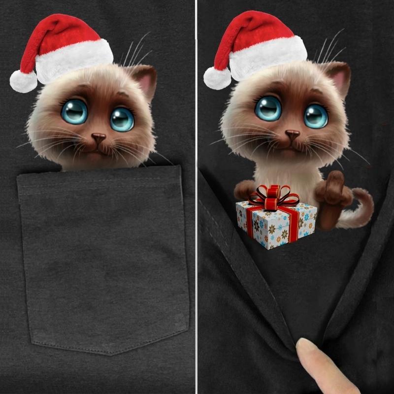 Santa Siamese Cat Pocket T-shirt - Super Kitty Cats - SantaSiameseCat-S