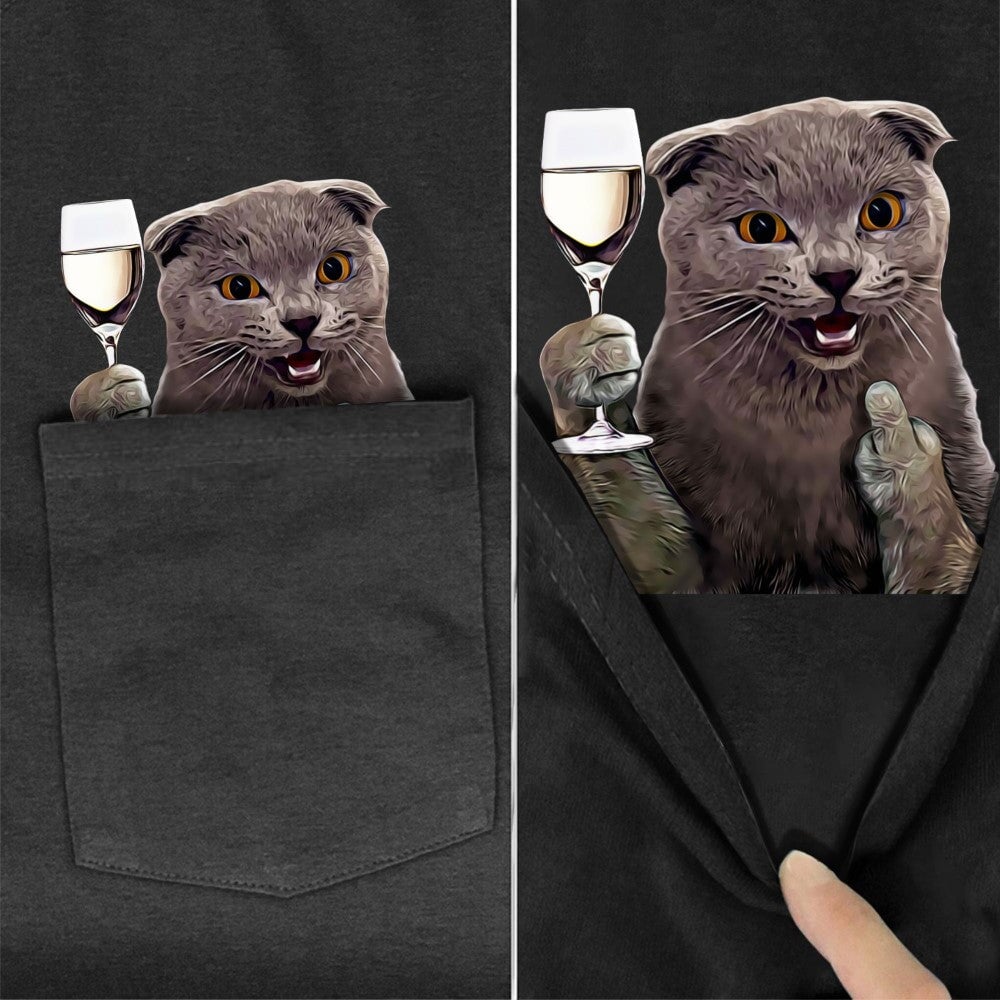 Scottish Fold White Wine Pocket T-shirt - Super Kitty Cats - ScottishFWW-S
