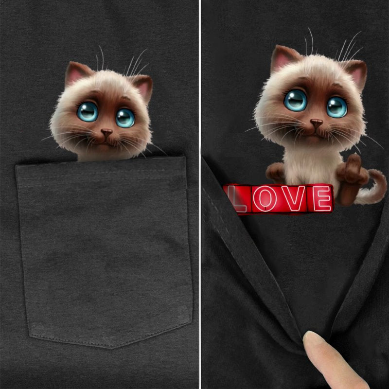 Siamese Cat Love Pocket T-Shirt - Super Kitty Cats - SiameseLove-S